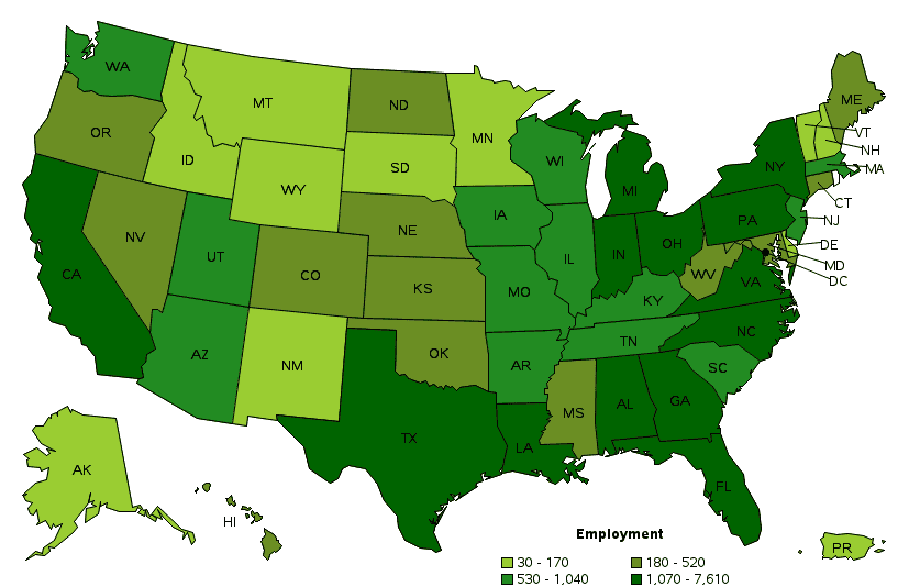 Employment of crane operators by state - graphic